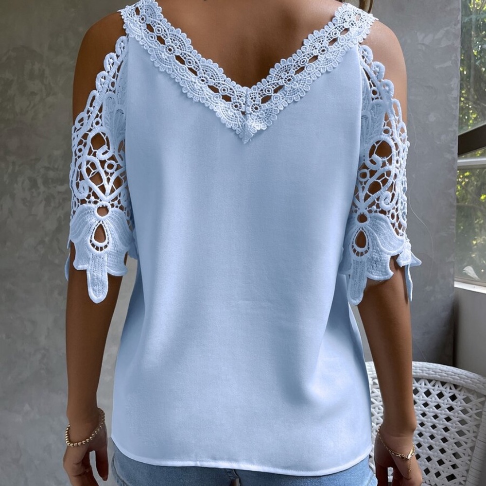 020 Bohemian Floral Lace Cold Shoulder Blouse - Picture 7 of 13